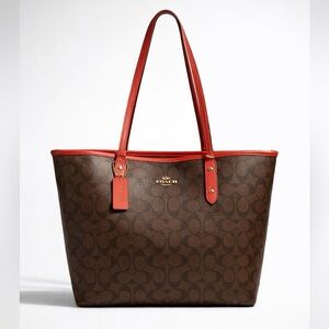 COACH City Tote in Dark Brown Signature Canvas with Red Leather Trim